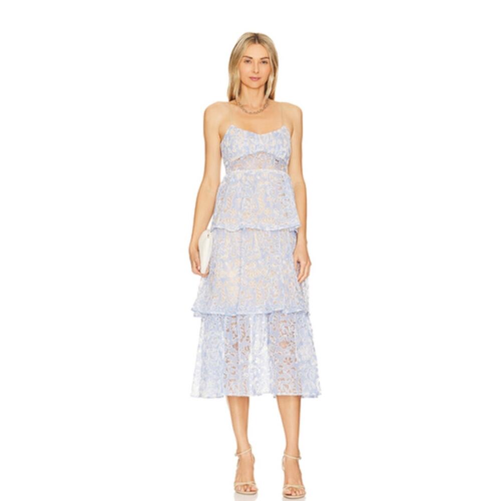 NEW Likely Santos Midi Tier Ruffle Lace Dress Blue Size 12